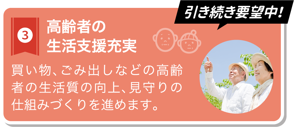 高齢者の生活支援充実：買い物、ごみ出しなどの高齢者の生活質の向上、見守りの仕組みづくりを進めます。